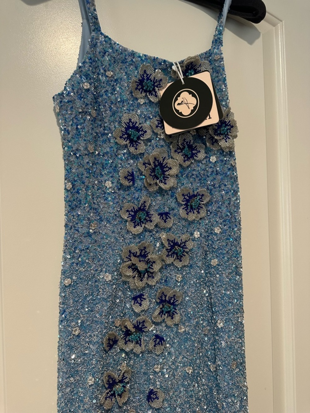 La Fuori Blue Sequin Floral ombré Evening Gown NWT size S